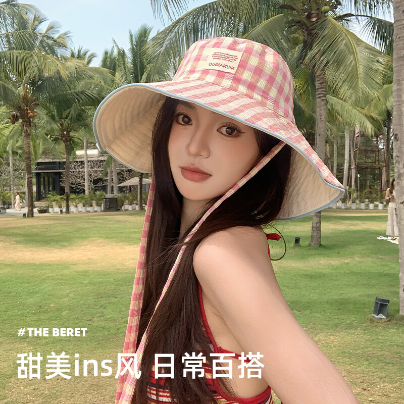 目丸韩版格纹宽边系带渔夫帽女款夏季大帽檐显脸小遮阳帽子防晒帽盆帽 格子系带布标渔夫帽【黑色】