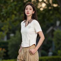 【美式复古辣妹】夏季短款绑带修身印花小心机针织POLO衫女