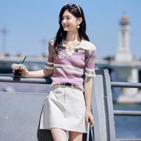 【售完不补】【优雅知性风】秋季针织短袖女翻领条纹上衣修身显瘦
