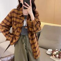 春季女翻领格纹撞色长袖衬衫气质复古百搭高级感