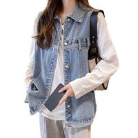 时尚潮流百搭休闲牛仔马甲女宽松显瘦舒适大口袋翻领牛仔马甲外套