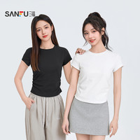 三福短袖T恤女2025夏季褶皱设计感修身圆领短款白色上衣女装 圆领-蓝色+圆领-白色 S
