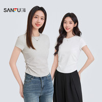 三福短袖T恤女2025夏季褶皱设计感修身圆领短款白色上衣女装 V领-白色+V领-花灰 L