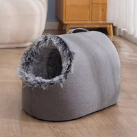 布鲁仕 毛绒绒冬天保暖猫窝珊瑚封闭式猫窝手提暖脚冬季宠物窝外出防寒 浅灰色 L-大型