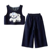 可英 GOWINBABY女童套装学院风2025秋季女孩牛仔马甲秋装女宝甜美可爱两件套 蓝色马甲+裤子+T恤CM3516T 110 (适合身高100cm-110cm)