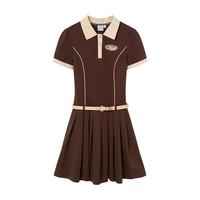 polo连衣裙女夏季复古学院风撞色刺绣修身百褶短裙