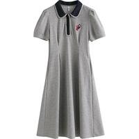 初语polo领连衣裙收腰显瘦女2025夏季a字裙短袖t恤中长裙 灰色  M