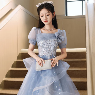 丽佰昕蓝色小晚礼服2025宴会高级感法式艺考小众主持人蓬蓬裙女 蓝色中长 XL   110-120斤