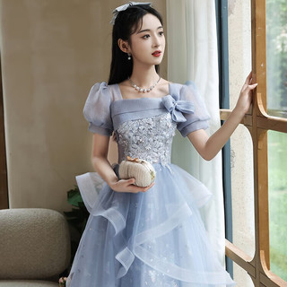 丽佰昕蓝色小晚礼服2025宴会高级感法式艺考小众主持人蓬蓬裙女 蓝色中长 XL   110-120斤