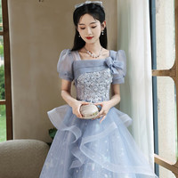 丽佰昕蓝色小晚礼服2025宴会高级感法式艺考小众主持人蓬蓬裙女 蓝色中长 M 90-100斤