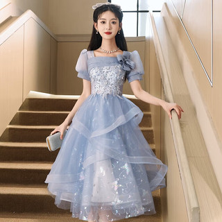 丽佰昕蓝色小晚礼服2025宴会高级感法式艺考小众主持人蓬蓬裙女 蓝色中长 XL   110-120斤