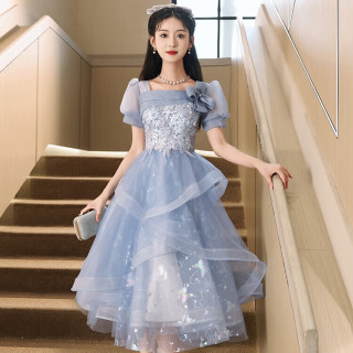 丽佰昕蓝色小晚礼服2025宴会高级感法式艺考小众主持人蓬蓬裙女 蓝色中长 XL   110-120斤