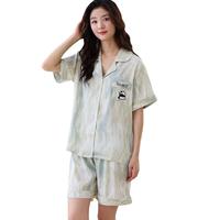 猫人女士睡衣夏季女高级感冰丝凉感短袖短裤可爱熊猫外穿家居服绿色L