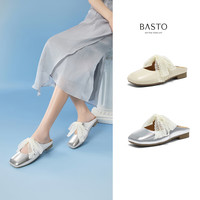 百思图25夏时尚简约穆勒拖方头粗跟女拖鞋F5192BH5 银色 35