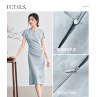 尚都比拉国风提花连衣裙女夏季腰侧收褶显瘦女士优雅开叉裙摆裙子 蓝色 M