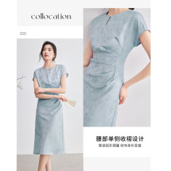 尚都比拉 国风提花连衣裙女夏季腰侧收褶显瘦女士优雅开叉裙摆裙子 蓝色 L