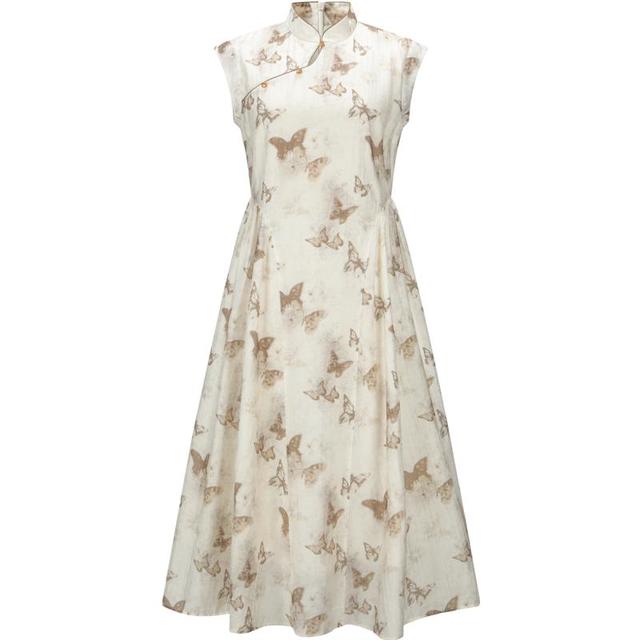 乐町 夏季蝴蝶无袖连衣裙立领大裙摆国风裙