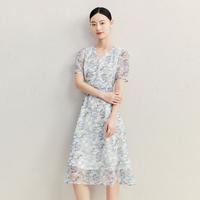 Infinity 2025夏季新款淑女风V领短袖印花百搭柔软亲肤透气中长款连衣裙