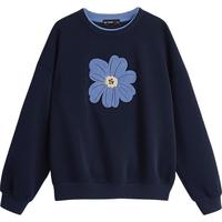初语绿绒蒿绣花圆领卫衣女2025秋季宽松植物系柔软棉质上衣 深藏青 S
