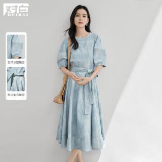 DUIBAI 2025夏装法式独特脏染印花女式连衣裙高级小众泡泡袖A字裙子