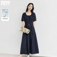 【100棉】2025夏装气质U领女式短袖连衣裙法式高级感长裙