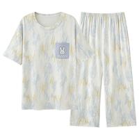 顶瓜瓜带胸垫睡衣女七分裤纯棉短袖加大码家居服套装可外穿夏季天