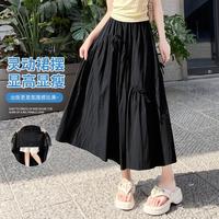 纯色A字褶皱设计感裙子女秋季甜美减龄百搭中长裙高腰大摆半截裙