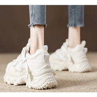 斯普王(SIPUWANG)厚底增高秋季女鞋老爹鞋女2025网面透气拼色运动鞋松糕休闲鞋 米色单网 35