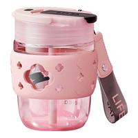 物生物（RELEA）水杯女士玻璃杯手持咖啡杯夏季双饮吸管杯杯子 桃桃慕斯黑360ml【一杯双饮】