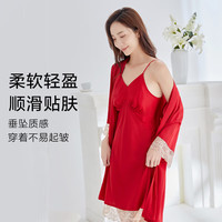 欧迪芬(Ordifen)秋冬睡衣女轻盈顺滑透气睡裙睡袍家居服女士套装 中国红 L (165/95)