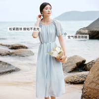 香影 X.YING蓝色法式圆领天丝连衣裙女2025夏季新款泡泡袖抽褶超好看裙子   165/88A/110-125斤