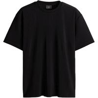 HM男装女装T恤秋季宽松圆领罗纹落肩舒适短袖褶裥上衣1229331