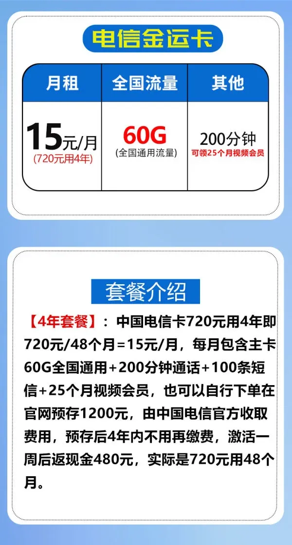 中国电信 4年15元/月60G通用流量+200分钟通话(额外赠送2年视频会员或者话费券水电气券)