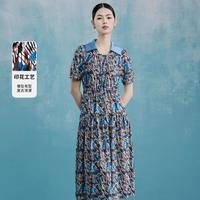 马天奴 MY TENO 显瘦都市休闲松紧腰优雅度假翻领褶皱系带珍珠设计浪漫印花连衣裙