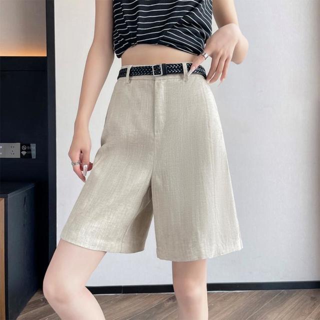 K·A·K·O 亚麻五分西装裤女夏季薄款大码高腰遮胯显瘦a字阔腿棉麻短裤