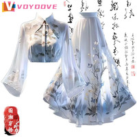 VOYDOVE 新中式国风穿搭女2025新款改良汉服衬衫上衣汉元素半身裙两件套装 白色上衣+连衣裙
