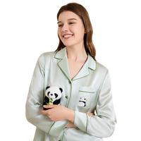 金三塔真丝睡衣女19姆米重磅100%桑蚕丝熊猫刺绣外穿两件套睡裤居家服 珍珠白 L