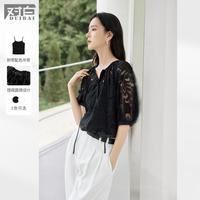 对白 2025轻薄烧花镂空系带女式衬衫慵懒宽松捏褶灯笼袖上衣