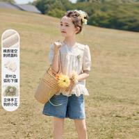 馋嘴狗 女童镂空花朵衬衫2025夏季新款儿童百搭短袖木耳边甜美亲子装上衣