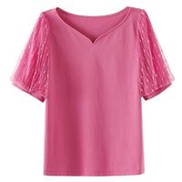 欧莎 【法式宫廷风】蕾丝泡泡袖知性通勤V领黑色女式t恤短袖女夏上衣