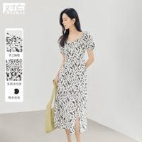 对白 2025夏装复古方领泡泡袖女式碎花连衣裙独特漂亮出游度假长裙
