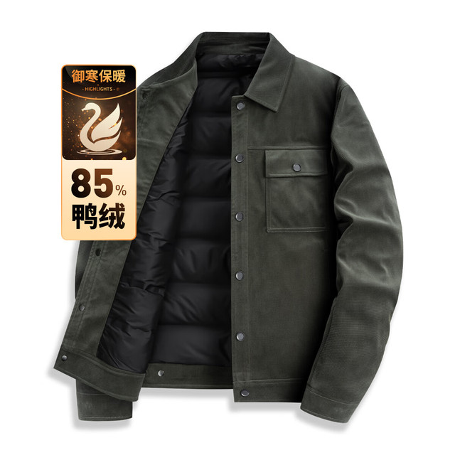 今日必买：与狼共舞 男士冬季休闲百搭翻领夹克羽绒服 深绿 L (175)