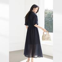 对白 2025含莱赛尔亚麻轻薄串珠连衣裙休闲通勤垂感女式衬衫裙
