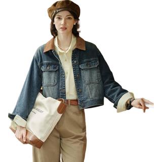 森马（Semir）森柔牛仔|牛仔外套女短款翻领做旧秋夹克小个子街头103524108001 牛仔黄泥染80325 L