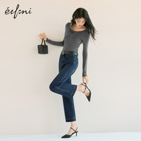 伊芙丽基础款大U领100%可机洗羊毛打底衫女修身2025秋装 夹花灰 大U领 M 105-115斤