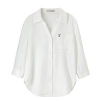 尚都比拉含亚麻多巴胺撞色绣花衬衫女秋季长袖V型翻领气质衬衣通勤上衣