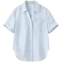 尚都比拉含亚麻多巴胺撞色绣花衬衫女秋季长袖V型翻领气质衬衣通勤上衣 浅蓝色 短袖 152CA2567 M 【100-115斤选择】