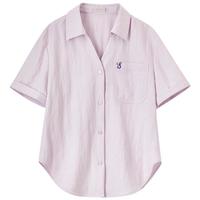 尚都比拉含亚麻多巴胺撞色绣花衬衫女秋季长袖V型翻领气质衬衣通勤上衣 丁香紫色 短袖 152CA2567 L 【115-130斤选择】