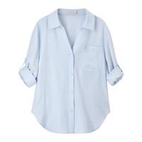 尚都比拉含亚麻多巴胺撞色绣花衬衫女秋季长袖V型翻领气质衬衣通勤上衣 浅蓝色 中袖 152C59034 S 【90-100斤选择】