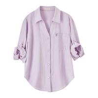 尚都比拉含亚麻多巴胺撞色绣花衬衫女秋季长袖V型翻领气质衬衣通勤上衣 丁香紫色 中袖 152C59034 XL 【130-145斤选择】
